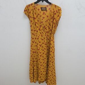 Reformation Yellow Midi Wrap Dress with Red Floral